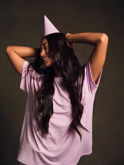 SLEEP JERSEY COMFORT STRIPE BOXY TEE - BUTTERCREAM SET ACTIVE