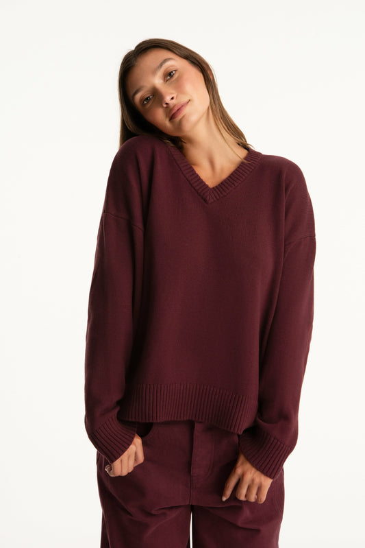 SET X PARKE COTTON V-NECK SWEATER - RHUBARB SET ACTIVE