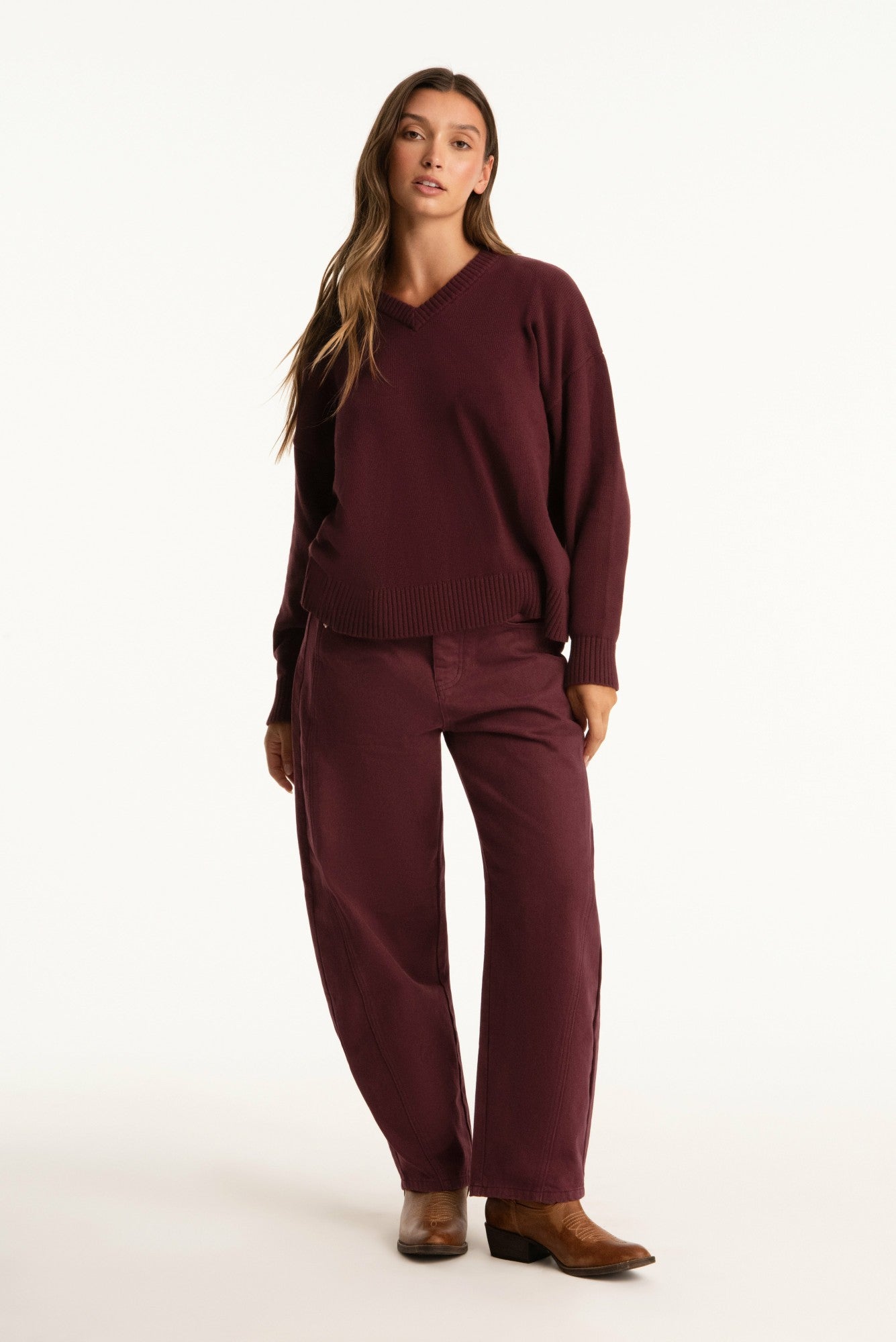 SET X PARKE COTTON V-NECK SWEATER - RHUBARB SET ACTIVE