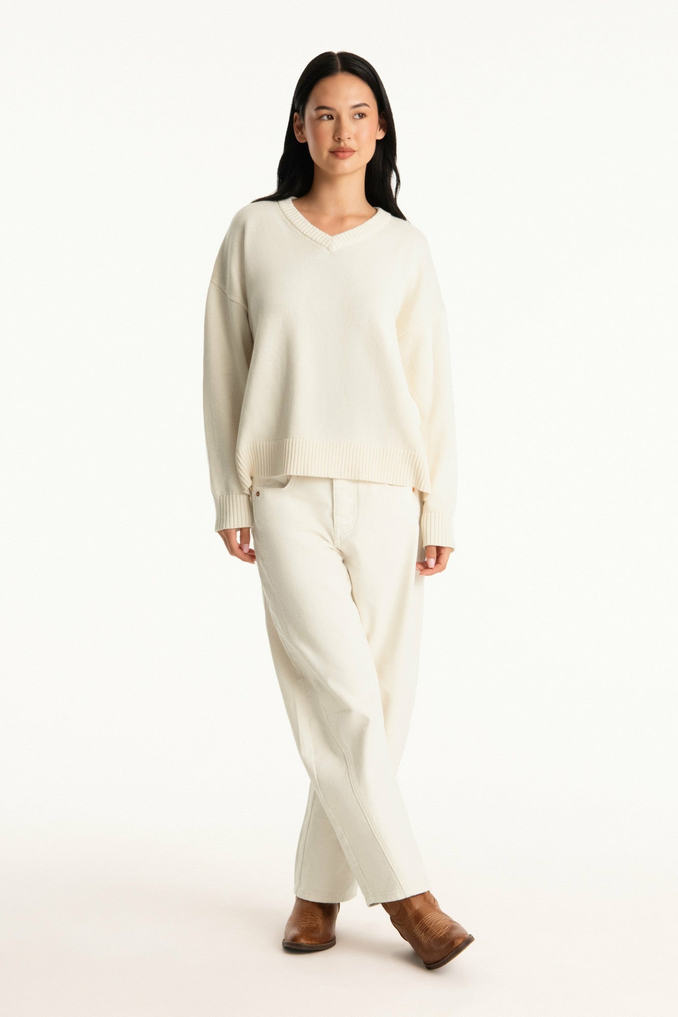 SET X PARKE COTTON V-NECK SWEATER - CREAM SET ACTIVE