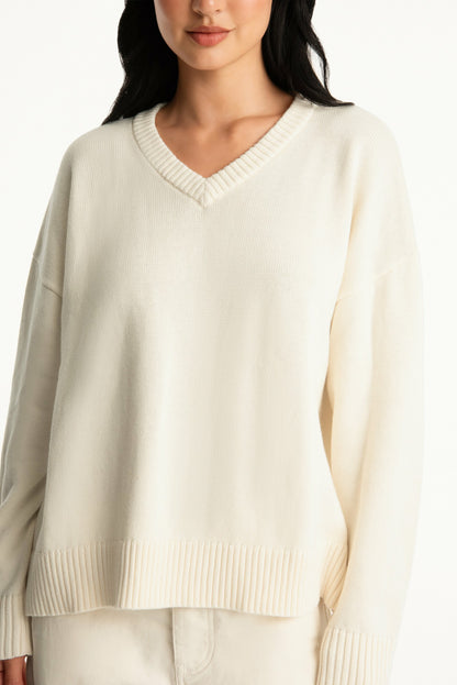 SET X PARKE COTTON V-NECK SWEATER - CREAM SET ACTIVE
